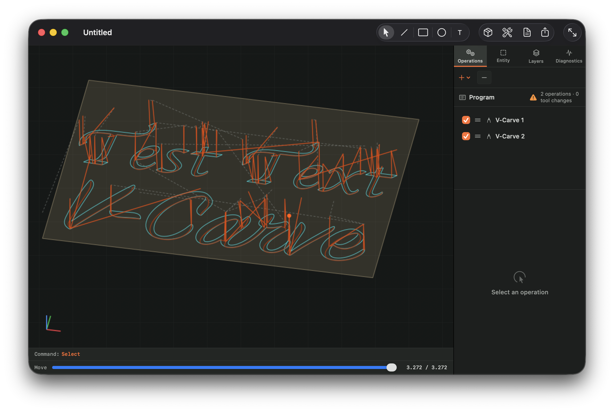 Cutloom on macOS showing a 3D toolpath preview for V-carve operations