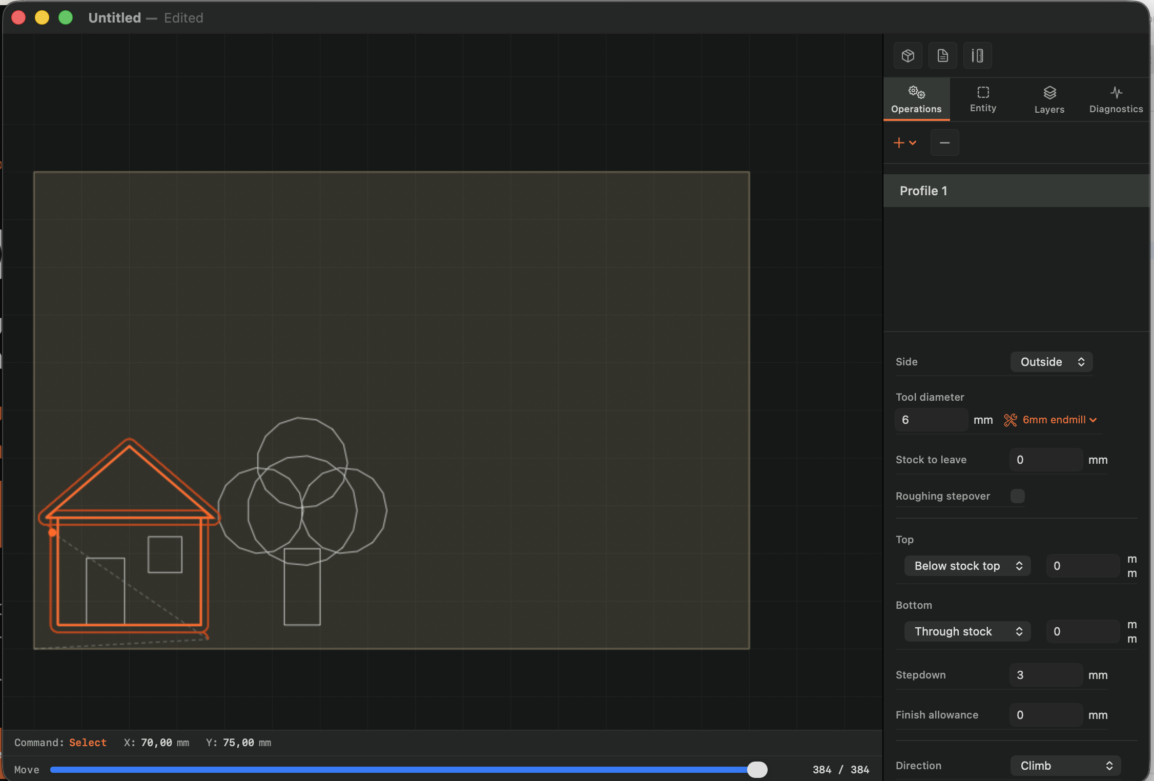 Cutloom on macOS showing a selected profile operation and its toolpath settings