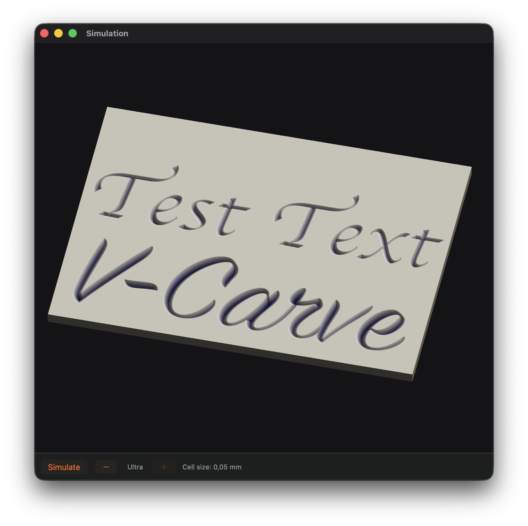 Cutloom material removal simulation preview showing V-carved text